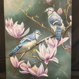 Wall Art Mixed Media on Canvas-Birds & Flowers Signed by Artist-Home Decorating